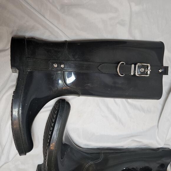 Coach Women's Riding Rain Boots Black Round Toe Knee High Buckle 7 - Picture 12 of 13